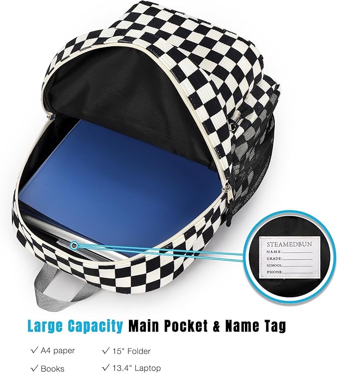 STEAMEDBUN Corduroy Kids Backpack for Boys Girls 3-8, Boys Backpack for Elementary Kindergarten - Checkered