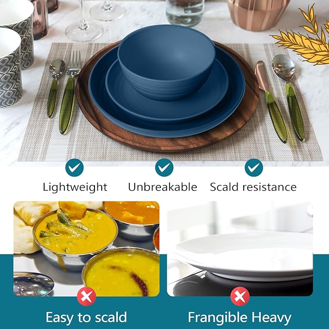 Teivio 32-Piece Kitchen Plastic Wheat Straw Dinnerware Set, Service for 8, Dinner Plates, Dessert Plate, Cereal Bowls, Cups, Unbreakable Colorful Plastic Outdoor Camping Dishes, Autumn Blue
