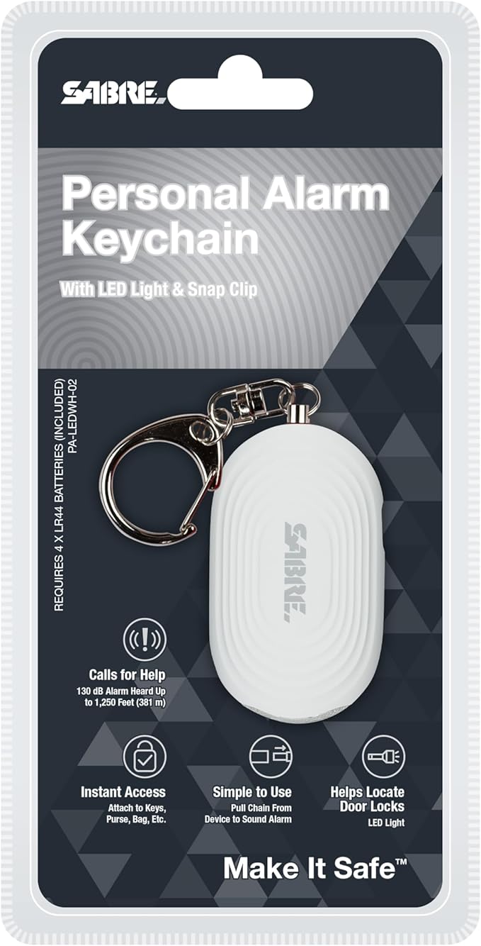SABRE 2-in-1 Personal Alarm with LED Light, 130dB Personal Safety Siren, Snap Hook for Instant Access, 1,250 Foot (381 Meters) Range, Compact Design for Easy Attachment to Purse, Bag, or Keys