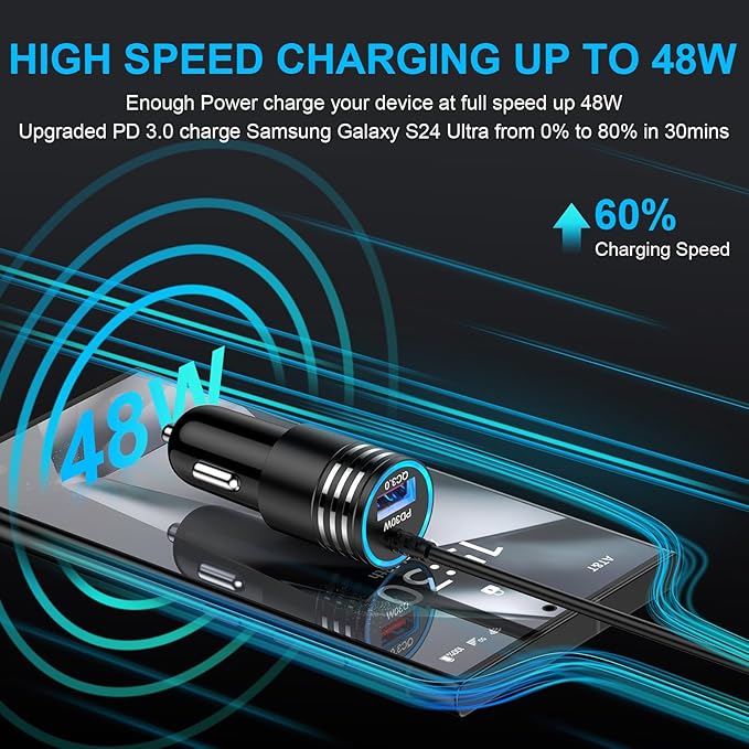 USB C Car Charger, 48W Super Fast Charging Type C Car Adapter for Samsung Galaxy S26 Ultra S25 S24 S23 S22 S21 S20 A56 A36 A16 A15 A14, iPhone 17 16 15 Pro Max, Android Car Charger with USB C Cable