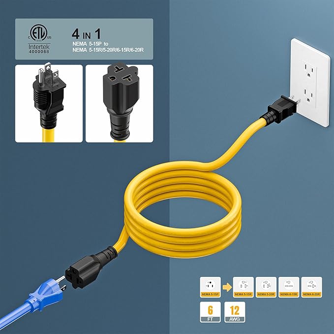 [6-Feet] NEMA 5-15P to 5-15R/ 5-20R/ 6-15R/ 6-20R AC Adapter, Plugrand 12AWG 15 Amp Household AC Plug to 20 Amp T Blade Adapter Cable, 15A 125V to 20A 250V Extension Cable, 6FT