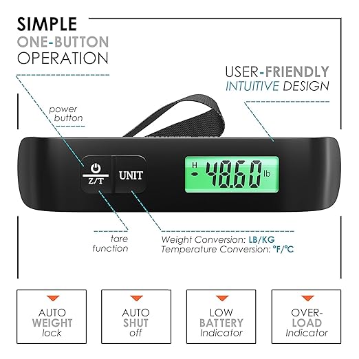 TravelArim Portable Luggage Scale Travel Digital, 110lb/50kg Suitcase Luggage Weight Scale with Hook, Backlight LCD Display with Battery Included