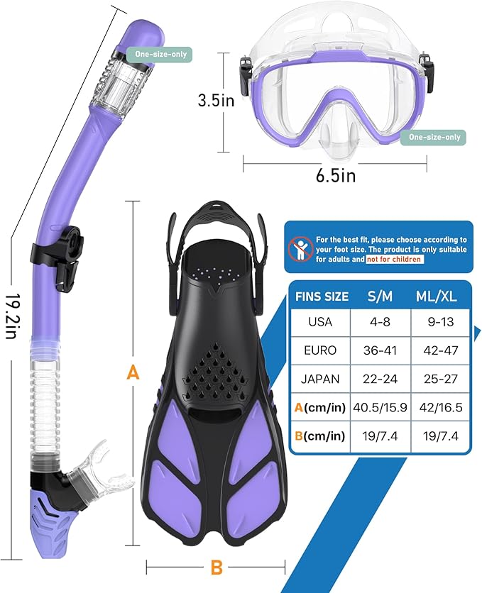 Ubekezele Snorkeling Gear for Adults Men Women,4 in 1 Snorkel Set with Panoramic View Diving Mask Anti-Fog Anti-Leak,Dry Top Snorkel,Fins and Travel Bag for Swimming,Snorkeling and Travel Diving