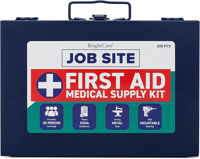 Metal Case First Aid Kit for Job Site & Contractors - OSHA Compliant, Heavy Duty Case for Work Trucks, Fleet, Renovation, Industrial, and Construction- 200 Piece Wall Mount & Portable First Aid Kit