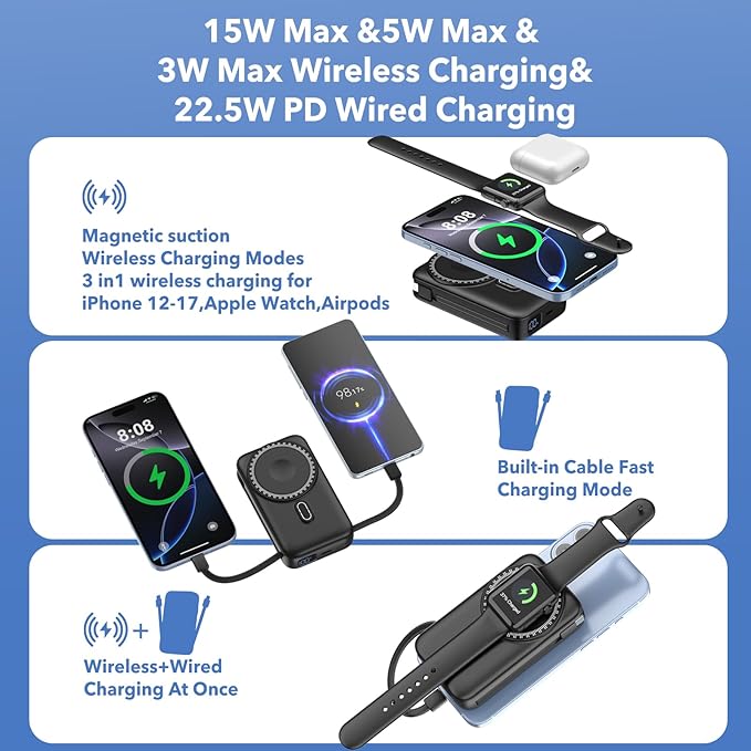 Magnetic Portable Charger 10000mAh for iPhone with Built-in Cables and Wall Plug,Wireless Power Bank with iWatch Charger,LCD Display 22.5W Fast Charging Battery Pack for iPhone 16/15/14/13/12 (Black)