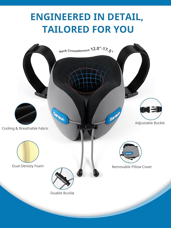 SARISUN Neck Pillow Airplane,Travel Pillow with Strap,Combo 3D Eye Mask for Sleep,Dual-Density Supportive Foam Travel Neck Pillow for Airplane Flights,Car Road Trip Travel Essentials Black