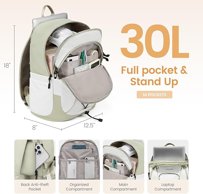 LOVEVOOK Mens Backpack with Giant Tumbler Holder Pocket,17 Inch Everyday Laptop Backpack Commuter Travel Work Computer Bag for Women,Casual Hiking College Teacher Back Pack Daypack,White-Bean Green