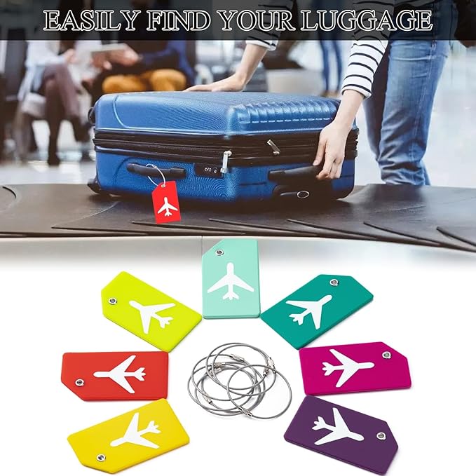 6 Pack Silicone Luggage Tag for Suitcases with Stainless Loop, Privacy Protection Travel Bag Tags Perfect to Quickly Spot Baggage Handbag (Dark Purple)