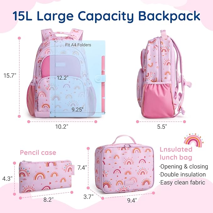 mommore Kids Backpack for Boys Girls 4-8 Kindergarten Elementary School Backpack with Lunch Box - 15” H Fit Folder