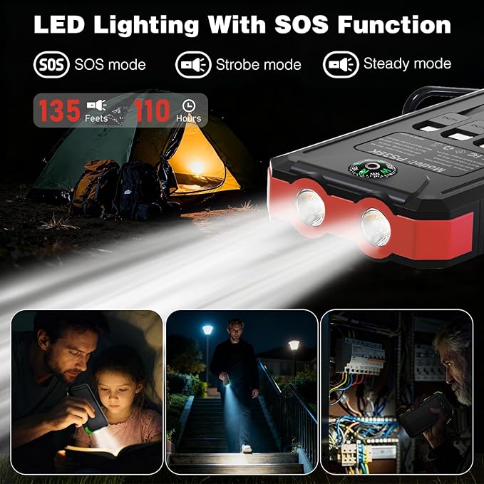 Solar Charger Power Bank 20,000mAh, Portable Charger, 4 Cables 3 Ports Fast Charging External Battery Pack with USB C for Cell Phones, Solar Panel Charger with Dual Flashlight for Camping Red