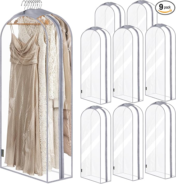 BALEINE 60'' Clear Garment Bags, 10.5'' Wide PEVA Suit Bag for Closet Clothes Dresses Suit Coats Storage (Clear, 9PK)