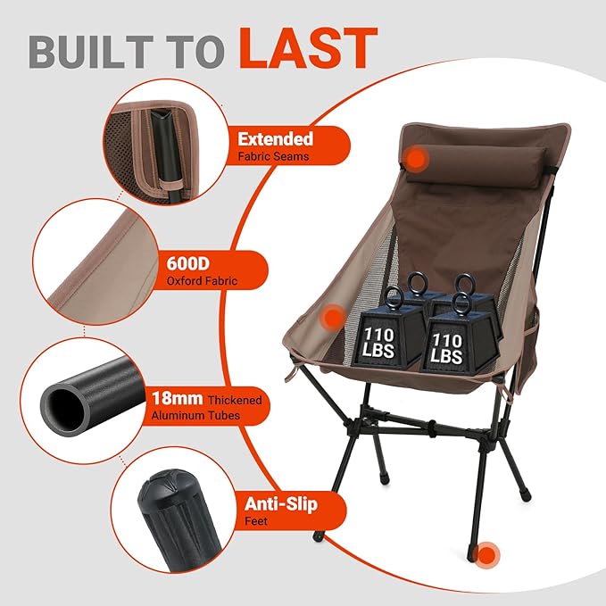 Overmont Portable High-Back Camping Chair - 440LBS Support Oversized Lightweight Folding Backpacking Chair for Adults - Compact with Detachable Pillow for Outdoor Travel Hiking Beach Fishing