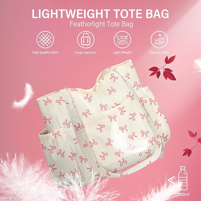 Corduroy Tote Bag for Women,Large Capacity Cute Tote Bags With 6 Pockets,Crossbody Shoulder Handbag for Work Travel Gym