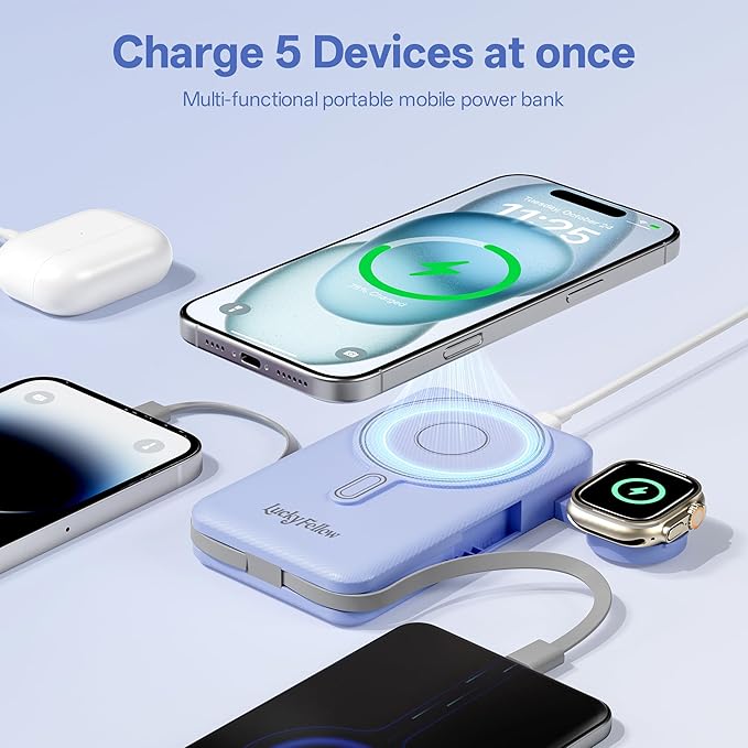 Magnetic Portable Charger Built-in Cables,10000mAh Fast Charging Wireless Charger Station External Battery Pack Slim Pocket Size Power Bank with Stand Compatible with iWatch, iPhone