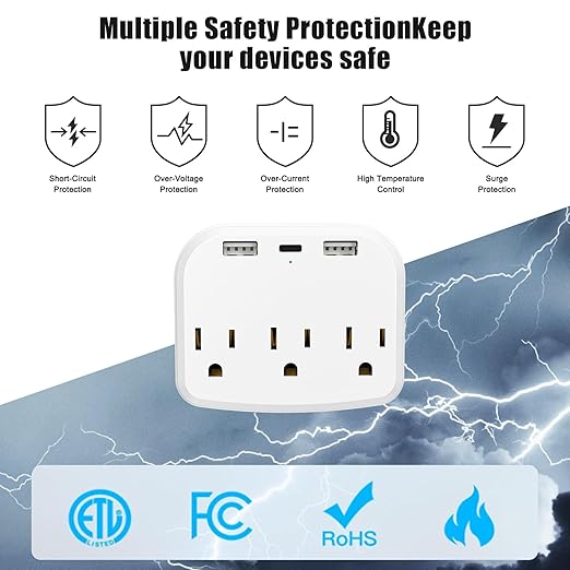 HITRENDS - Outlet Extender, with a Place to Put Your Phone and 2 USB-A and 1 USB Type-C Multi Plug Wall Outlet, Suitable for Bedrooms, Living Rooms, Offices, and Travel