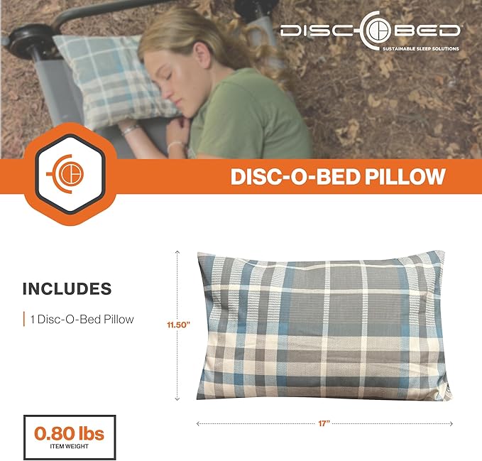 Disc-O-Bed Compact and Packable Travel Pillow with Washable Cover, Ultralight for Backpacking, Hiking, and Camping, Ocean Plaid