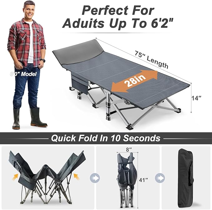ABORON Camping Cot for Adult 28" Extra Wide, 2PK Heavy-Duty 1200D Oxford Cot for Sleeping, Portable Folding Camp Bed with Mat & Carry Bag