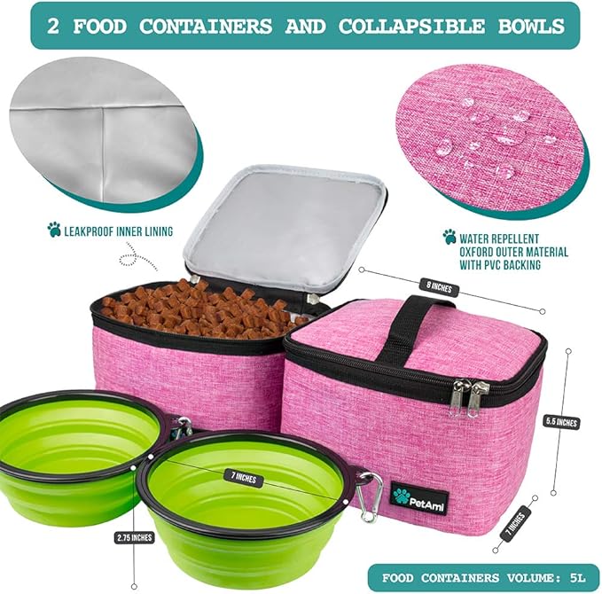 PetAmi Dog Travel Bag, Travel Pet Bag Organizer, Dog Food Travel Bag with Container Collapsible Bowls, Pet Travel Supplies Gift Accessories for Weekend Camping, Puppy Cat Diaper Bag, Pink Large