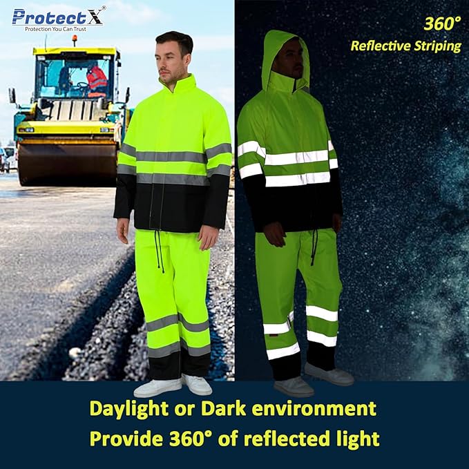 ProtectX High Visibility Waterproof Rain Gear for Men and Women, Hi Vis Reflective Safety Rain Jacket and Pant Suits Workwear