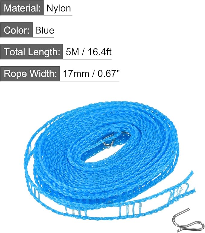 uxcell Portable Clothesline, 16.4ft Nylon Windproof Non-Slip Washing Line Rope for Courtyard Outdoor Travel Camping Laundry Drying, Blue