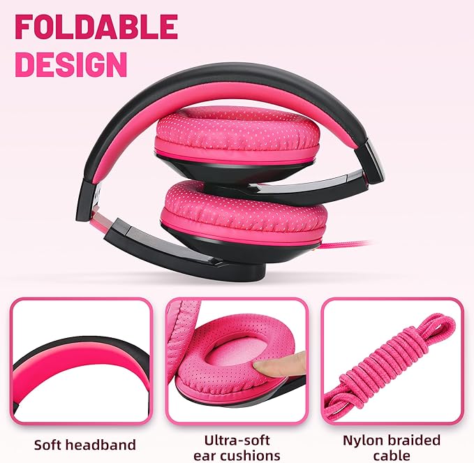 rockpapa Comfort Kids Headphones for School, Lightweight Foldable Portable Childs Boys Girls Teens Headphones Wired 3.5mm with 4.9ft Cord for Travel Airplane Tablet Phone Pad Laptop Black/Pink