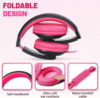 rockpapa Comfort Kids Headphones for School, Lightweight Foldable Portable Childs Boys Girls Teens Headphones Wired 3.5mm with 4.9ft Cord for Travel Airplane Tablet Phone Pad Laptop Black/Pink