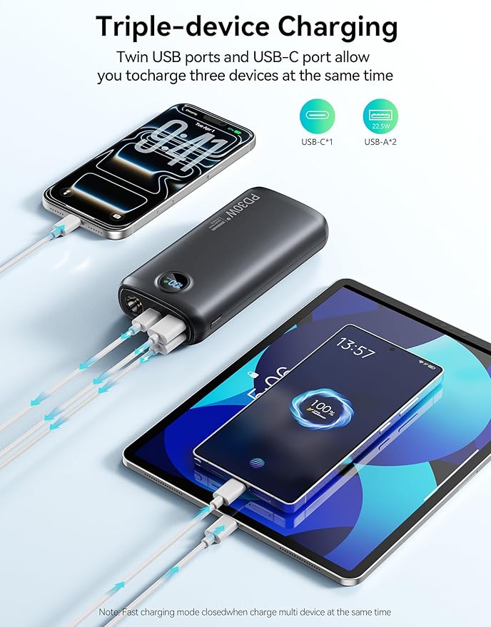 Portable Charger, 30000mAh Power Bank 30W USB C Fast Charging, Travel Essentials Battery Pack with 3W Flashlight & LED Display, External Battery for iPhone 17/16/15, Galaxy S25, LG, Tablets, Black