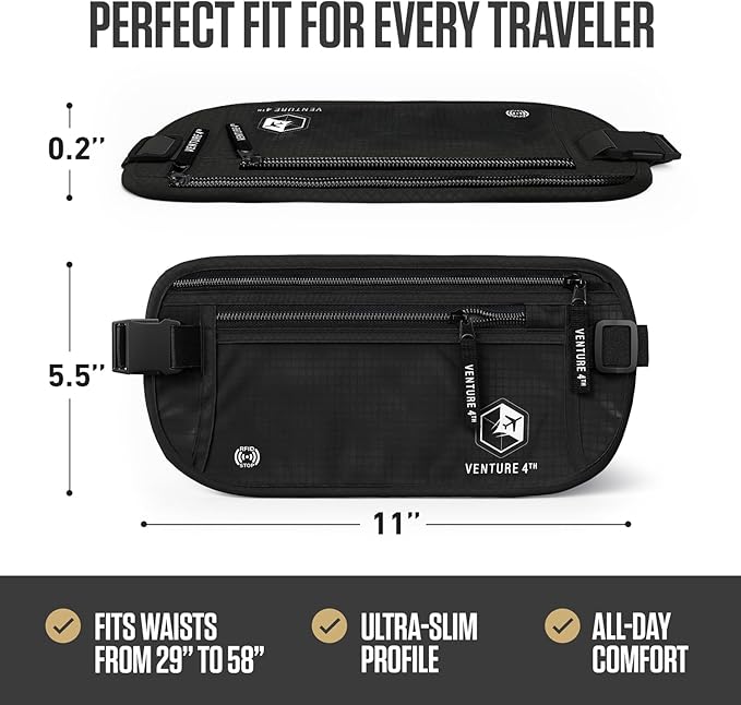 VENTURE 4TH Money Belt for Travel – Slim Hidden Under-Clothes RFID Blocking Anti-Theft Passport Holder & Travel Wallet Pouch for Men & Women to Protect Cash, Cards & Documents (Pure Black)
