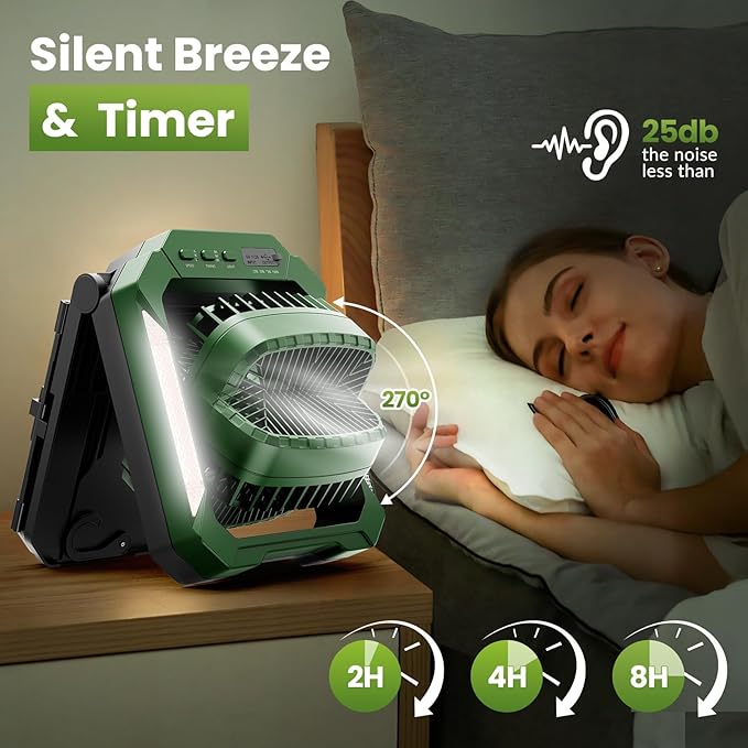 26800mAh Portable Fan Rechargeable with 18W Detachable Solar Panel, Quiet Battery Powered Camping Fan Cordless with LED Lantern,3 Speed,Timer,USB-C,for Bedroom Tent Home Office Desk Hurricane(Green)