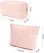 SOIDRAM 2 Pieces Makeup Bag Large Corduroy Cosmetic Bag Capacity Canvas Mix Travel Toiletry Bag Organizer Cute Makeup Brushes Aesthetic Accessories Storage Bag for Women, Corduroy Mix Pink
