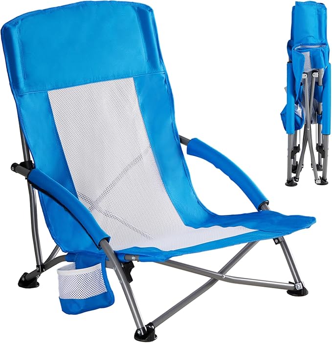 DUMOS Low Beach Chair for Adults, Lightweight Folding Beach Chair with Cup Holder, Storage Bag, Breeze Mesh Back, Padded Armrests, Compact Low Profile Chair for Camp, Picnic, Lawn, Sand