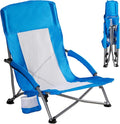 DUMOS Low Beach Chair for Adults, Lightweight Folding Beach Chair with Cup Holder, Storage Bag, Breeze Mesh Back, Padded Armrests, Compact Low Profile Chair for Camp, Picnic, Lawn, Sand