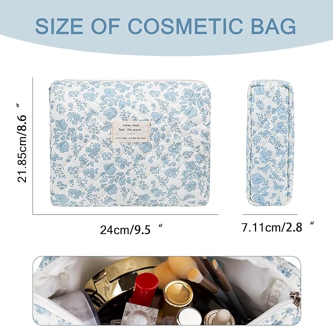 Gosect Large Makeup Bag, Cute Cosmetic Bag for Women Girls, Floral Coquette Aesthetic Toiletry Bag, Travel Make Up Organizer Bag(Blue Floral)