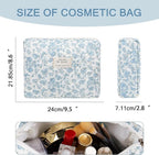 Gosect Large Makeup Bag, Cute Cosmetic Bag for Women Girls, Floral Coquette Aesthetic Toiletry Bag, Travel Make Up Organizer Bag(Blue Floral)