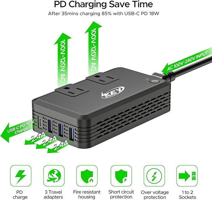 Key Power 220V to 110V Voltage Converter, 230W Step Down International Power Converter Adapter Combo with UK/AU/US/EU Travel Adapter.