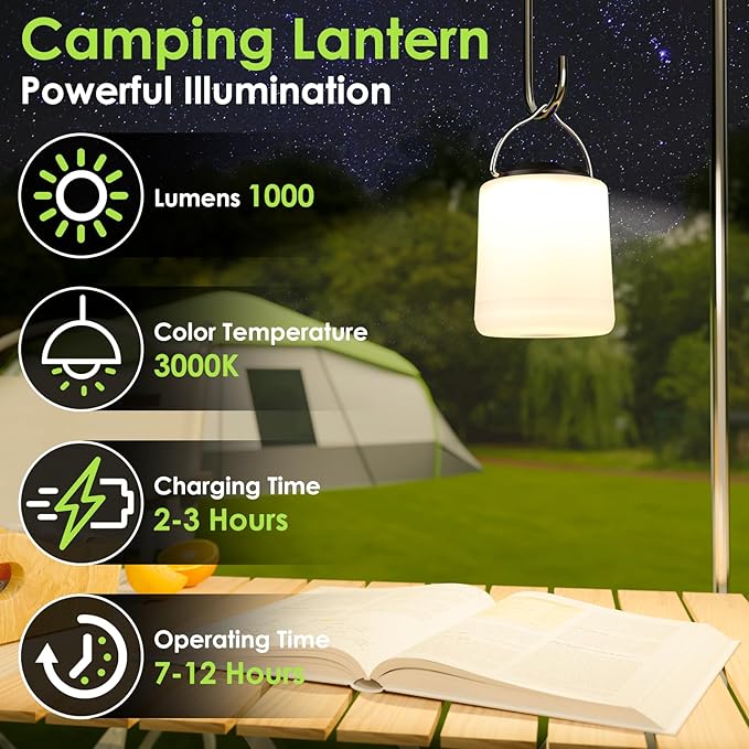BOBKID LED Camping Lantern, Rechargeable Camping Light, 4 Modes Outdoor Flashlights Lanterns with 1000LM, Water Resistant Portable Emergency Camp Light for Hurricane Hiking Survival Kits - Black