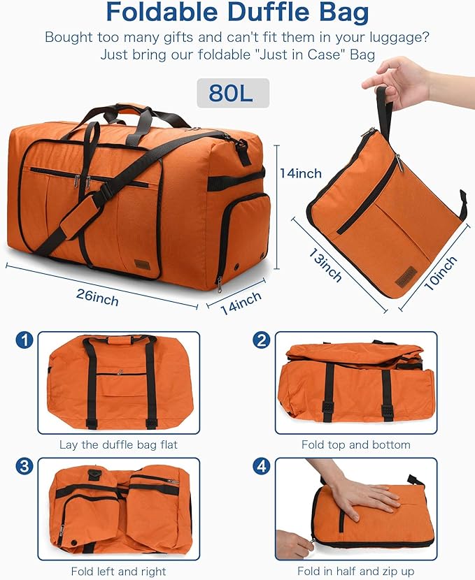 80L EXTRA LARGE Duffle Bag for Travel, 26" Foldable Travel Duffel Bag with Shoe Compartment for Men Women, Waterproof & Tear Resistant (Orange, EXTRA LARGE, 80L)