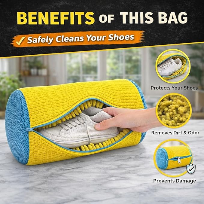 Shoe Washing Machine Bag for Sneakers, 360° Deep Clean Chenille Microfiber Laundry Bag with Hidden Zipper, Reusable Shoe Wash Protector for Running & Tennis Shoes (Yellow)