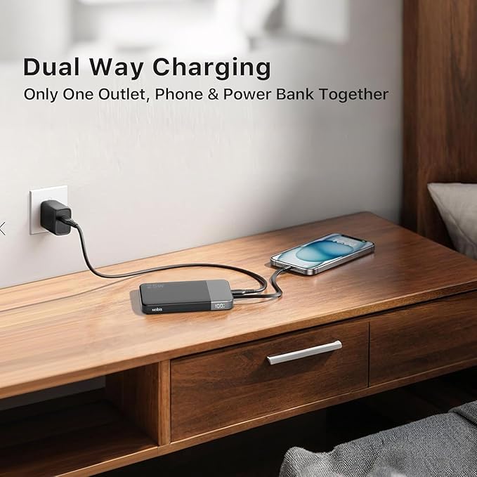 NOBIS Portable Charger, 10000mAh Power Bank Fast Charging, Battery Pack with C to C Cable, Battery Bank with Digital Display for iPhone iPad Android etc