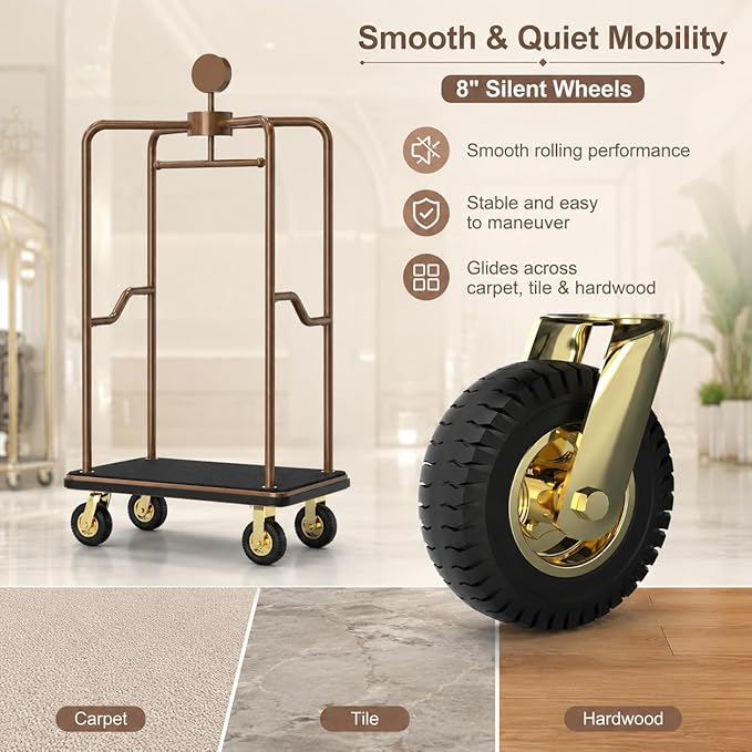 Hotel Luggage Cart, 1600 lbs Capacity Commercial Bellman's Cart with 8" Silent Wheels, Brushed Stainless Steel Frame and Nylon Carpet Deck for Hotels, Condos, Resorts