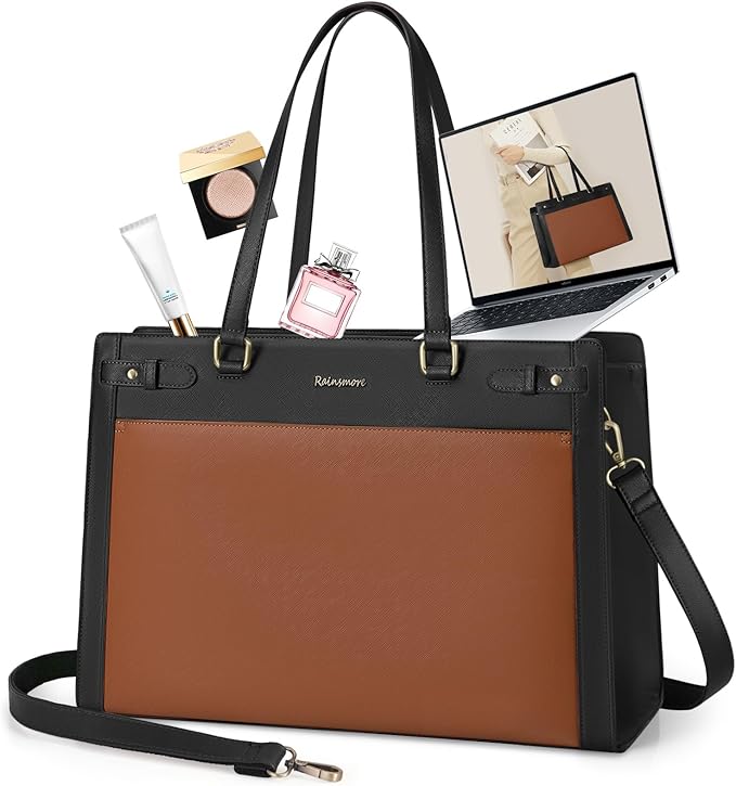 RAINSMORE Laptop Bag for Women 15.6 Inch PU Vegan Leather Work Tote Bag Waterproof Womens Briefcase Designer Computer Bags for Office Teacher College Travel Large Tote Purse Professional Black & Brown