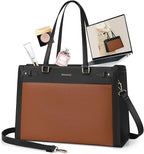 RAINSMORE Laptop Bag for Women 15.6 Inch PU Vegan Leather Work Tote Bag Waterproof Womens Briefcase Designer Computer Bags for Office Teacher College Travel Large Tote Purse Professional Black & Brown