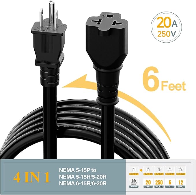 6-Feet NEMA 5-15P to 5-15R/ 5-20R/ 6-15R/ 6-20R AC Adapter, Plugrand 12AWG 15 Amp Household AC Plug to 20 Amp T Blade Adapter Cable, 15A 125V to 20A 250V Extension Cable