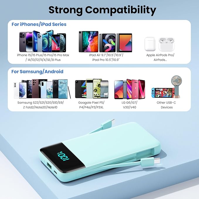 Portable Charger for iPhone with Built-in Cables and Wall Plug,Upgraded 13800mAh Fast Charging USB C Power Bank,4 Outputs Travel Essential Battery Pack for iPhone 17/16/15/14/13,Galaxy,Android-Green