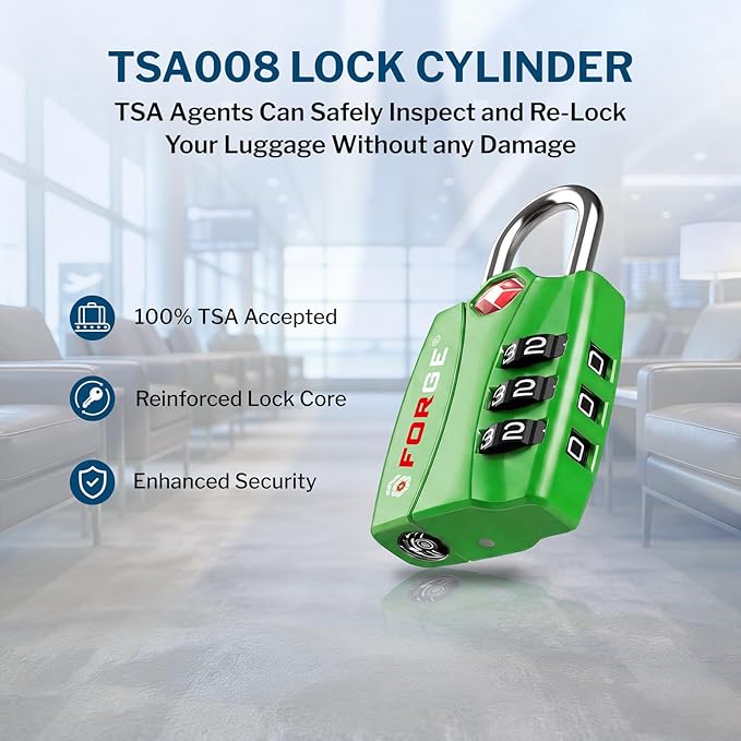 Forge Open Alert TSA Approved Luggage Locks - 3 Digit Combination, Easy Read Dials, Zinc Alloy Body - Ideal Travel Lock for Luggage, Suitcases, Bags & Toolboxes (Green 4PK)