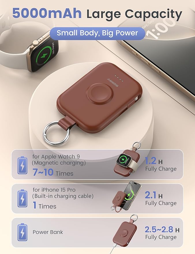 RORRY CharmGo Portable Charger, 5000mAh Portable Charger Power Bank with Built-in Cables, Travel Keychain Battery Pack for Apple Watch and iPhone Air/17/16/15/14/13/12, Cinnamon Clay