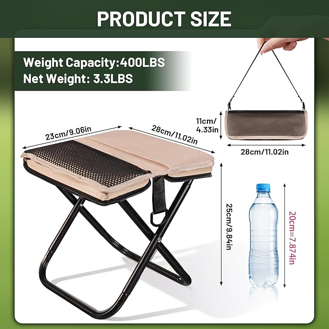 Ultra-Thin Portable Folding Stool - 1.97" Slim Fold, 0.99LB Lightweight, 200LB Capacity Camping Chair for Adults, Compact Collapsible Seat for Outdoor Fishing, Hiking, Events & Queue（Khaki）