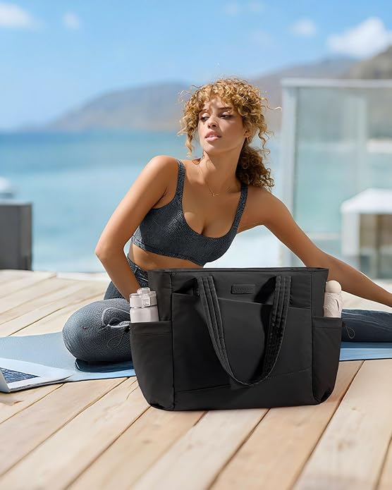 LOVEVOOK Gym Tote Bag for Women, Puffy Yoga Mat Bag with Large Cup Holder & Wet Pocket, Work Nurse Bag for Travel Workout