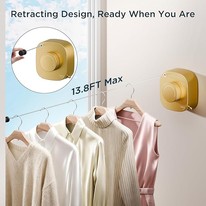 FORIOUS Retractable Clothesline Indoor, 13.8 Ft Non-Sagging Outdoor Clothes Line, Rustproof All Stainless Steel Heavy Duty Clothes Drying Laundry Line, Screw Wall Mounted for Bathroom, Brushed Gold