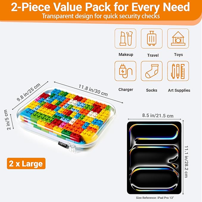 YQBRAO 2-Pack Large Clear Hard Shell Zipper Case White, 1.2mm Heavy-Duty Crush-Proof Makeup Bag, Large Diaper Bag Organizer Pouches, Rigid Clear Zipper Pouches for Toys, Art Supplies & Tech